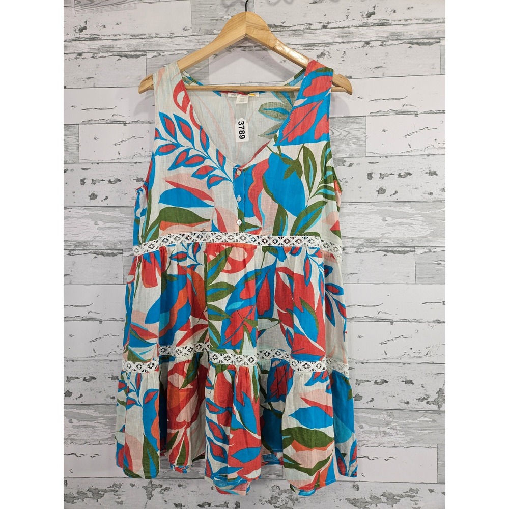 C&C California Womens Tropical Leaf Linen Blend Tiered Mini Dress Blue Orange M